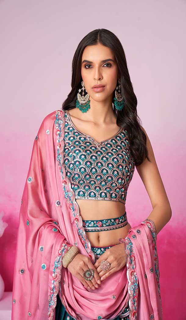 Georgette Embroidery Work Sangeet Ceremony Lehenga Choli In Teal Blue -145409373