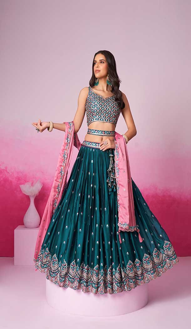 Georgette Embroidery Work Sangeet Ceremony Lehenga Choli In Teal Blue -145409373