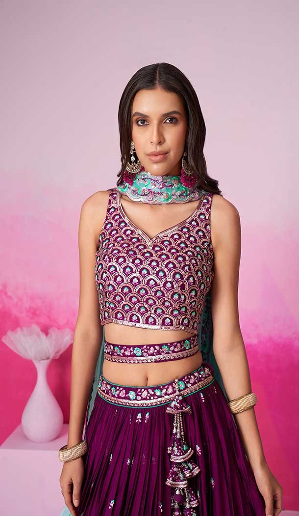 Georgette Embroidery Work Sangeet Ceremony Lehenga Choli In Burgundy -145409374