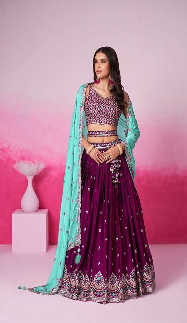 Georgette Embroidery Work Sangeet Ceremony Lehenga Choli In Burgundy -145409374