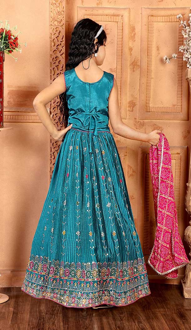 Chinon Embroidery Work Designer Kids Girls Lehenga Choli In Blue -145629492