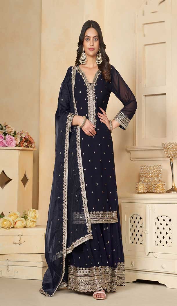 Georgette Sequence Work Party Wear Palazzo Salwar Suit In Navy Blue - 9277186507