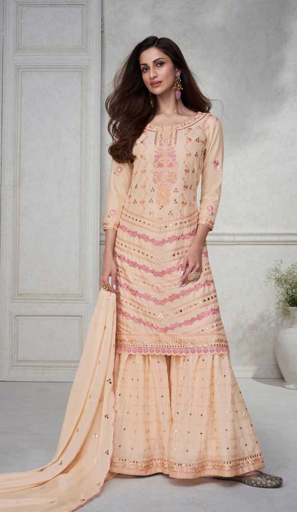 Chinon Silk Embroidered Readymade Sharara Suit In Peach - 9340186762