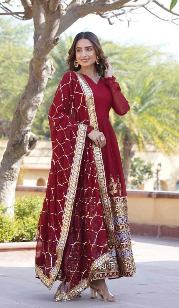 Faux Georgette Embroidery Work Party Wear Gown In Maroon - 9350186799