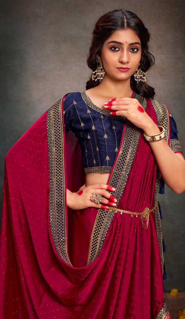 Pink Satin Sequins Work Traditional Wear Saree - 9371186913