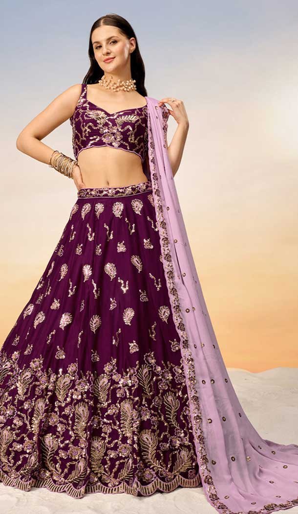 Burgundy Georgette Embroidery Work Designer Wear Lehenga Choli - 141917228