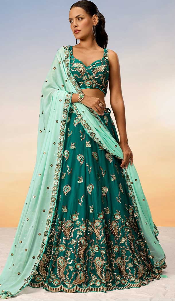 Green Georgette Embroidery Work Designer Wear Lehenga Choli - 141917229
