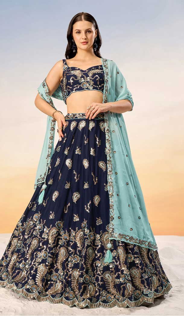 Navy Blue Georgette Embroidery Work Designer Wear Lehenga Choli - 141917230