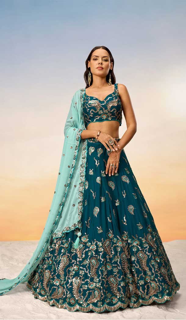Teal Blue Georgette Embroidery Work Designer Wear Lehenga Choli - 141917231