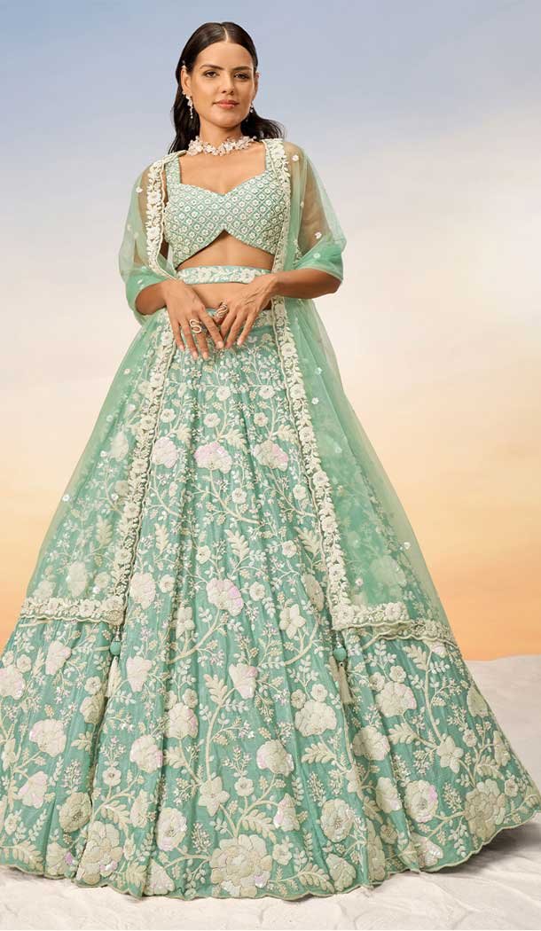 Georgette Embroidery Work Designer Wear Lehenga Choli In Sea Green - 142027314