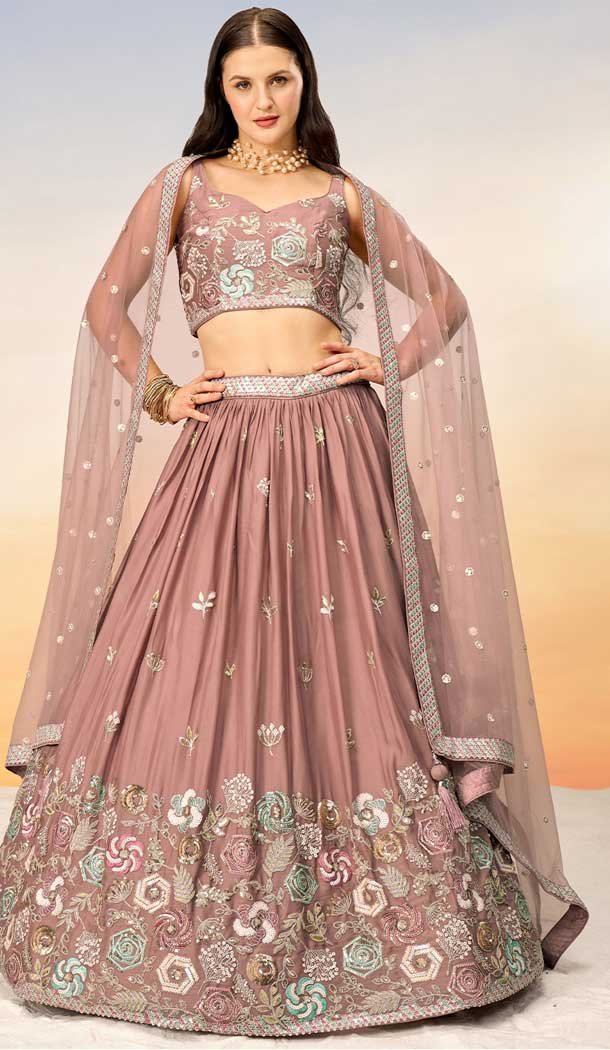 Rose Gold Georgette Embroidery Work Designer Wear Lehenga Choli - 142027315