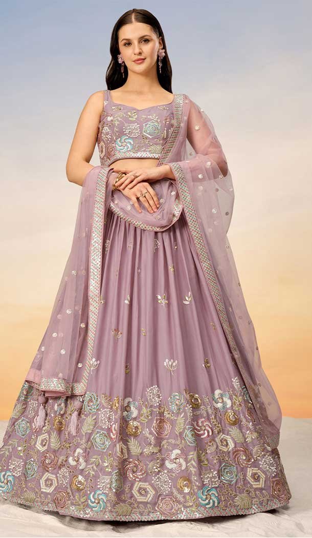 Mauve Georgette Embroidery Work Designer Wear Lehenga Choli - 142027316