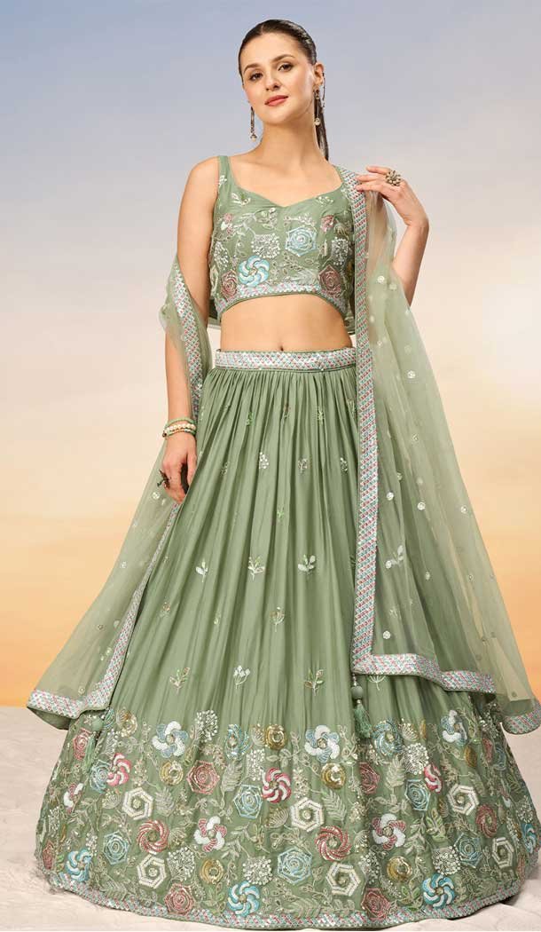 Georgette Embroidery Work Designer Wear Lehenga Choli In Lime Green - 142027317