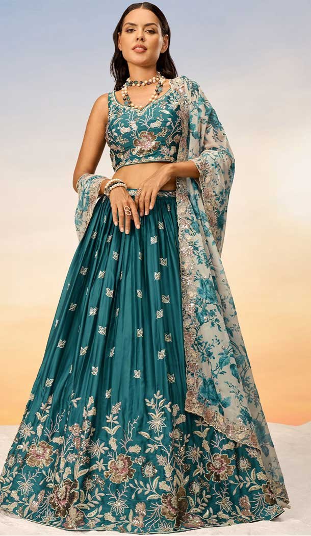 Chiffon Embroidery Work Designer Wear Lehenga Choli In Teal Blue - 142027320