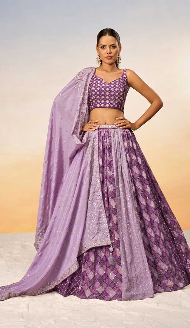 Chiffon Embroidery Work Designer Wear Lehenga Choli In Lavender - 142027322