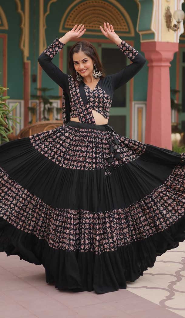 Rayon Printed Designer Wear Navratri Chaniya Choli In Black - 145909669