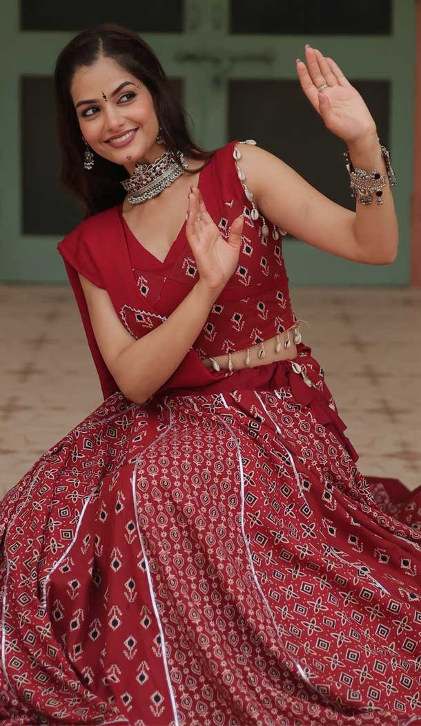 Rayon Printed Designer Wear Navratri Chaniya Choli In Maroon - 145909671