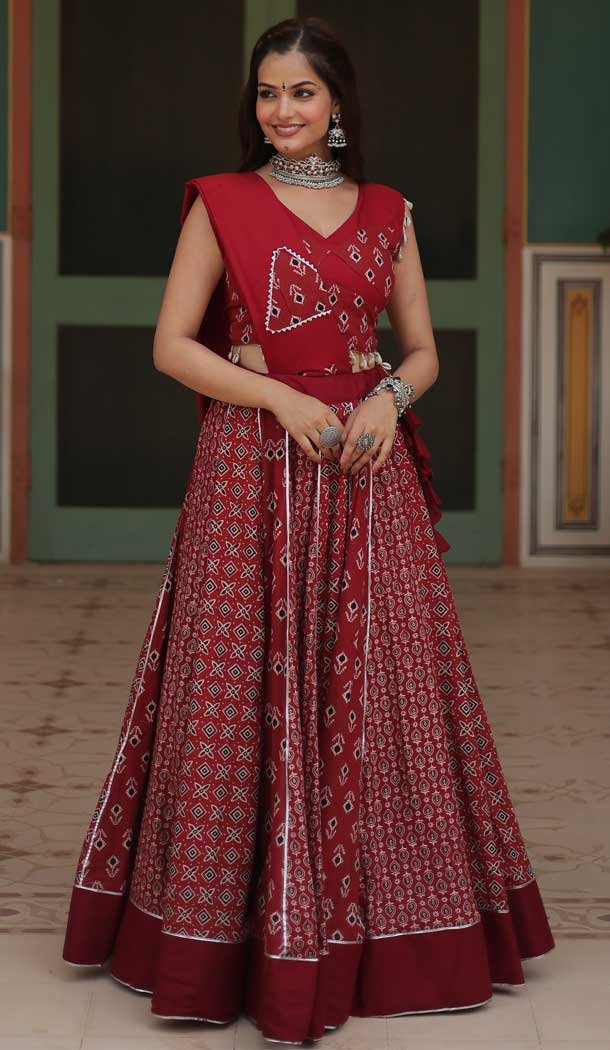 Rayon Printed Designer Wear Navratri Chaniya Choli In Maroon - 145909671