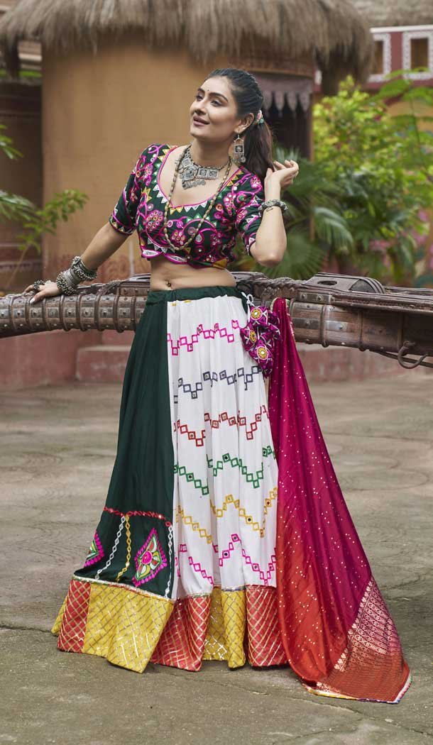 Green Viscose Rayon Embroidered Navratri Chaniya Choli - 146229862