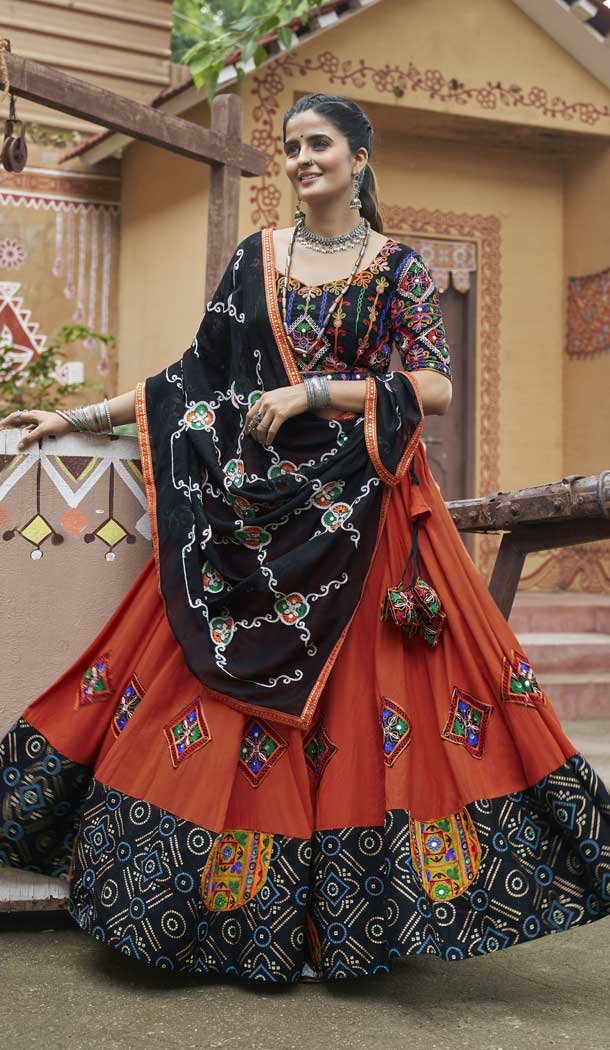 Orange Viscose Rayon Embroidered Navratri Chaniya Choli - 146229863