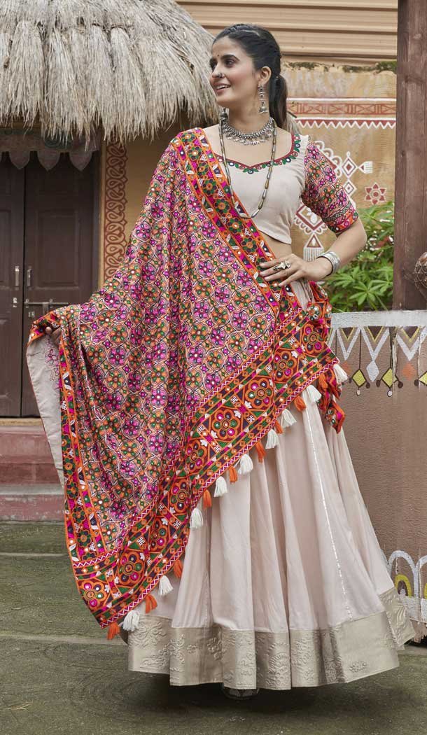 Beige Viscose Rayon Embroidered Navratri Chaniya Choli - 146229865