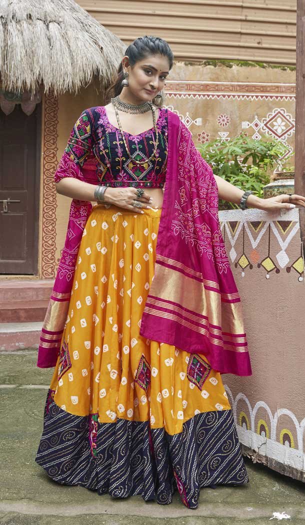 Yellow Muslin Cotton Embroidered Navratri Chaniya Choli - 146229866