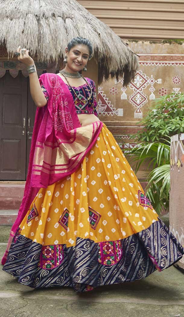 Yellow Muslin Cotton Embroidered Navratri Chaniya Choli - 146229866