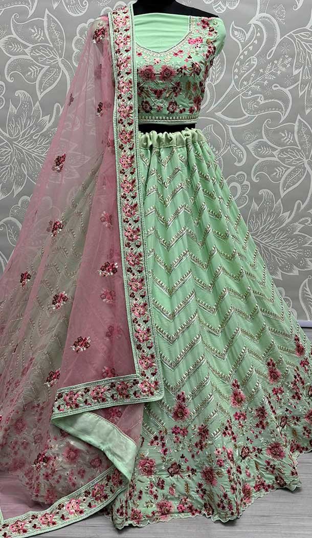 Georgette Jari Embroidery Work Designer Wear Lehenga Choli In Pista - 141306871