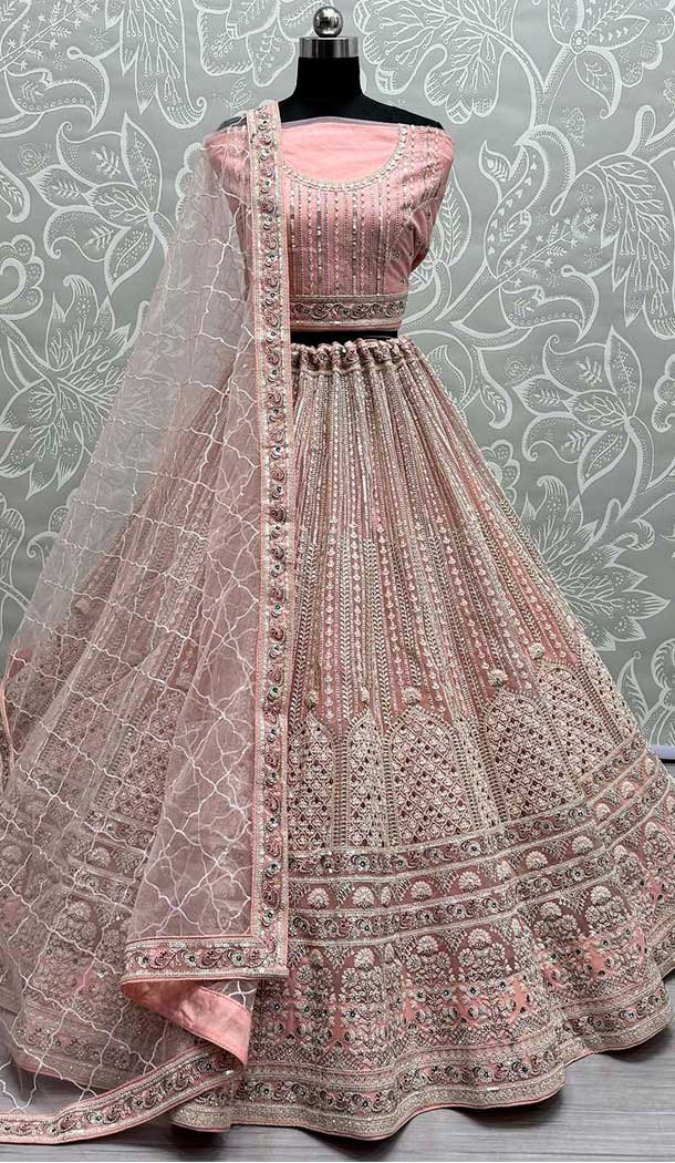 Net Zarkan Diamond Work Designer Wear Lehenga Choli In Peach - 141306872