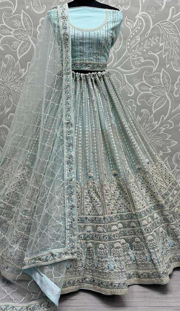 Net Zarkan Diamond Work Designer Wear Lehenga Choli In Sky Blue - 141306873