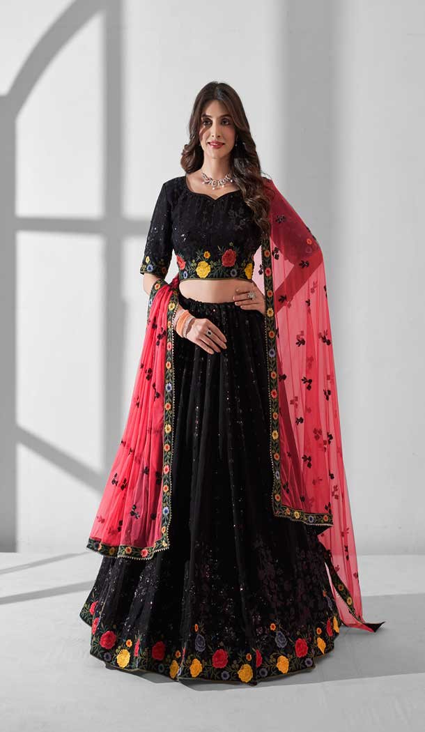 Black Georgette Embroidery Work Designer Lehenga Choli - 142677685
