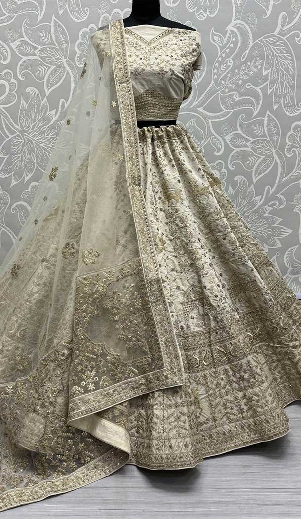 Silk Embroidery Work Bridal Wedding Lehenga Choli In Beige - 142787756