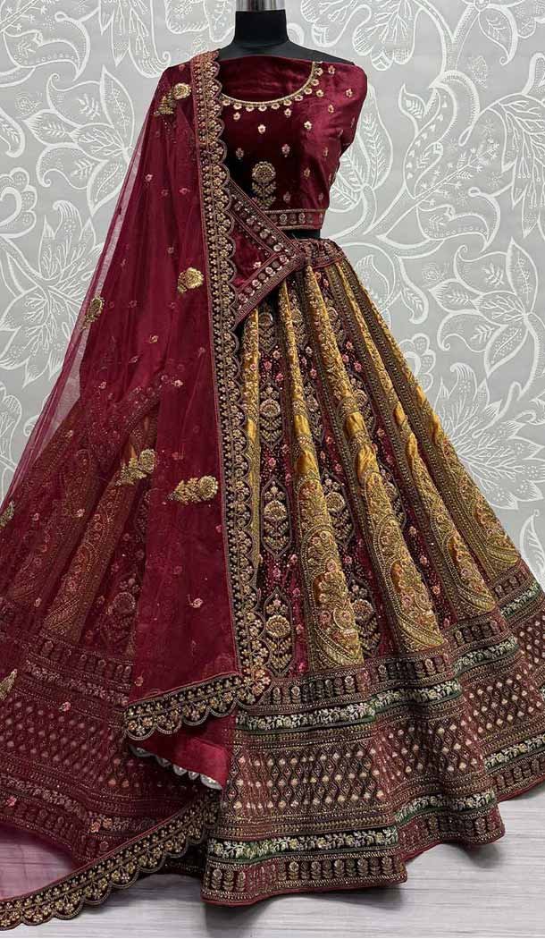 Velvet Embroidery Work Wedding Wear Lehenga Choli In Mustard Color - 143758324