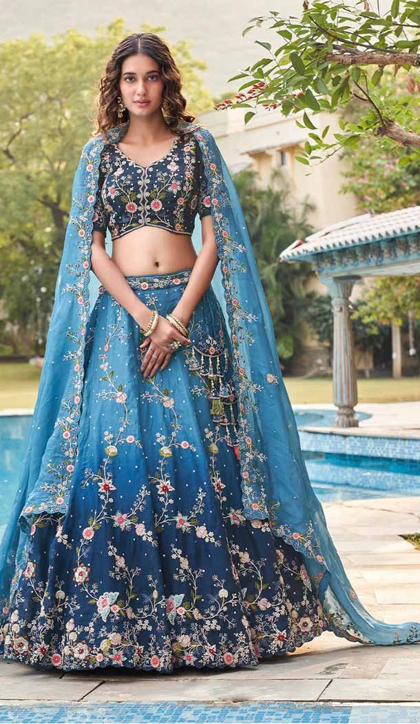 Organza Thread Embroidery Work Sangeet Wear Lehenga Choli In Blue - 144228619