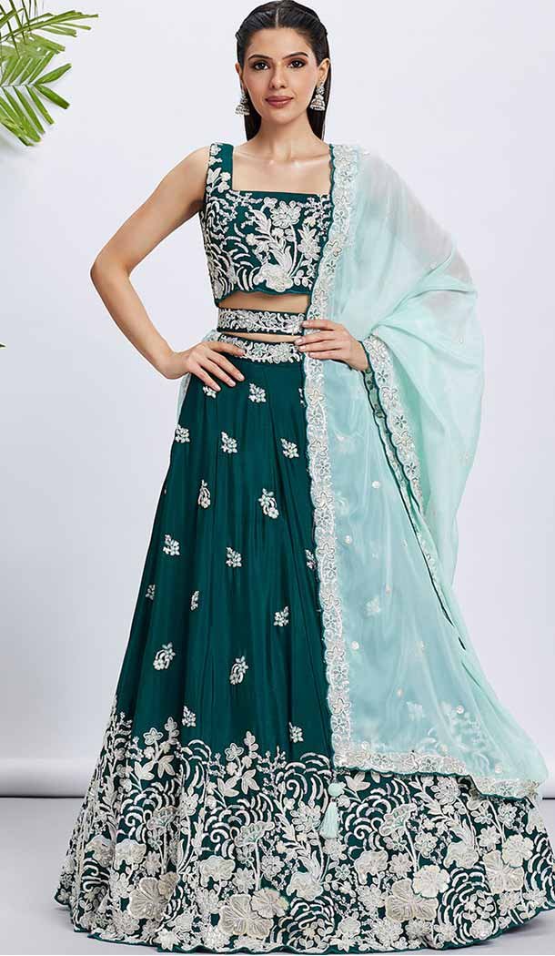 Green Georgette Embroidered Designer Wear Lehenga Choli - 144468772