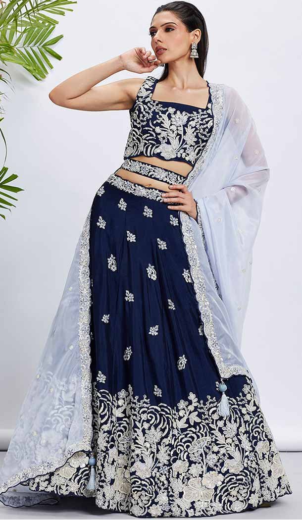 Navy Blue Georgette Embroidered Designer Wear Lehenga Choli - 144468773