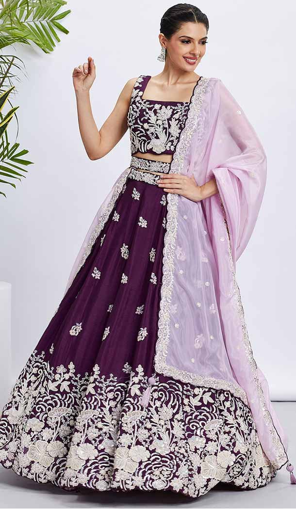 Purple Georgette Embroidered Designer Wear Lehenga Choli - 144468774