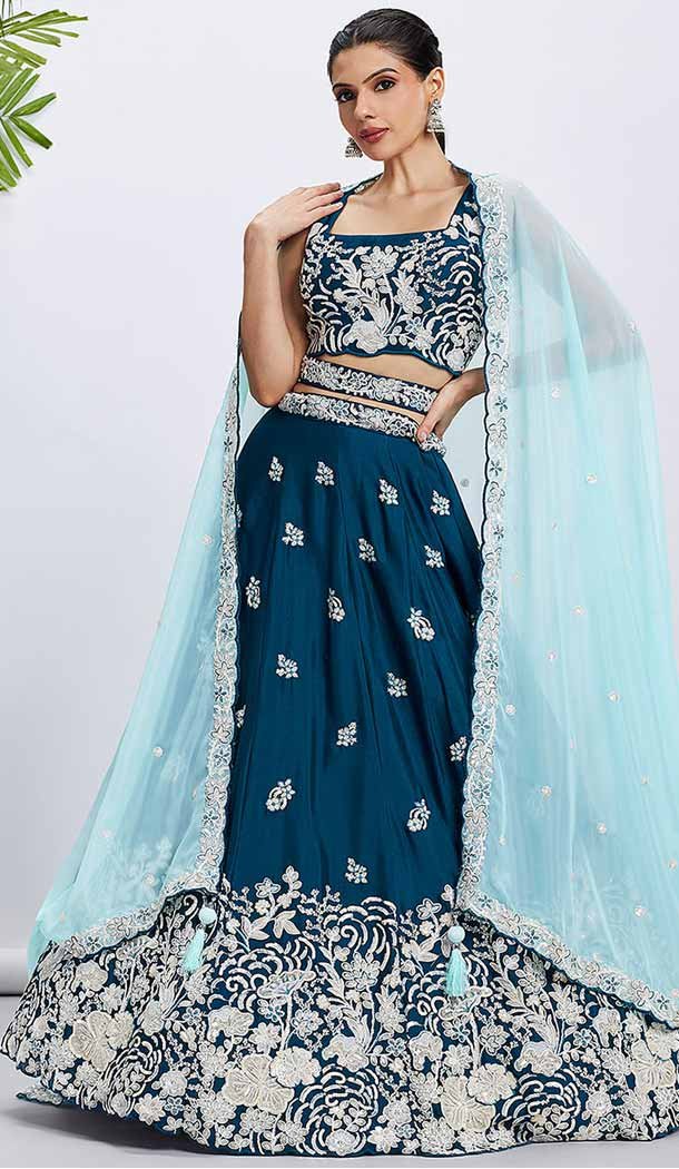 Teal Georgette Embroidered Designer Wear Lehenga Choli - 144468775