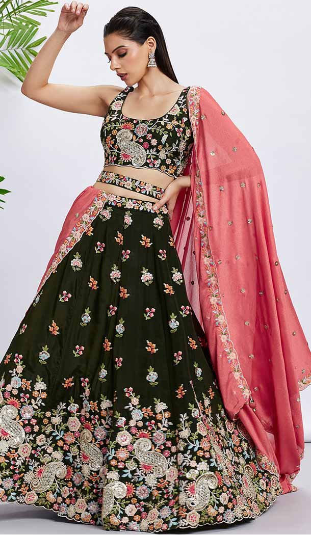Olive Green Organza Embroidered Designer Wear Lehenga Choli - 144468778