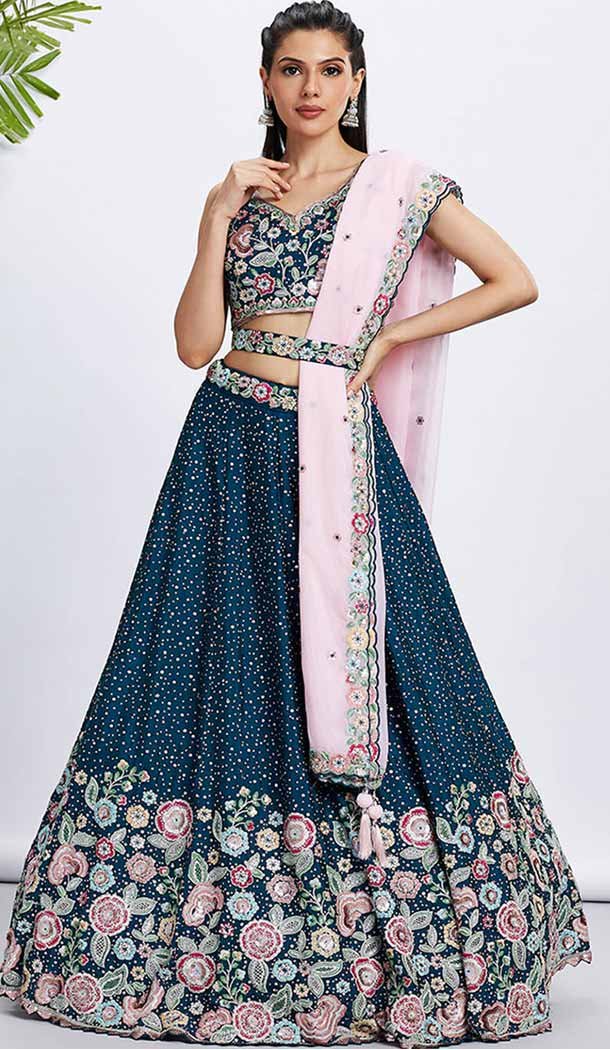 Navy Blue Chiffon Embroidered Designer Wear Lehenga Choli - 144468781