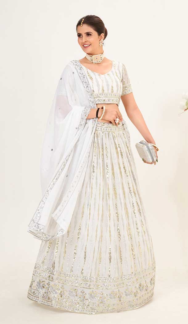Georgette Embroidery Work Party Wear Lehenga Choli In White - 9367186876