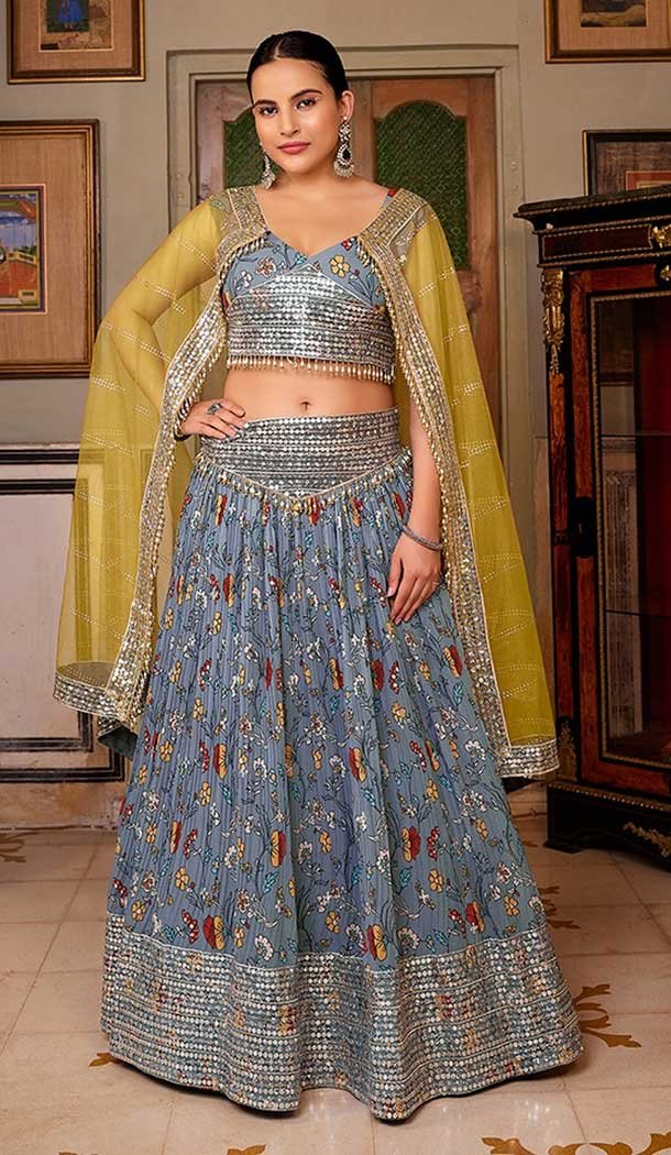 Georgette Embroidery Work Party Wear Lehenga Choli In Grey - 9367186877