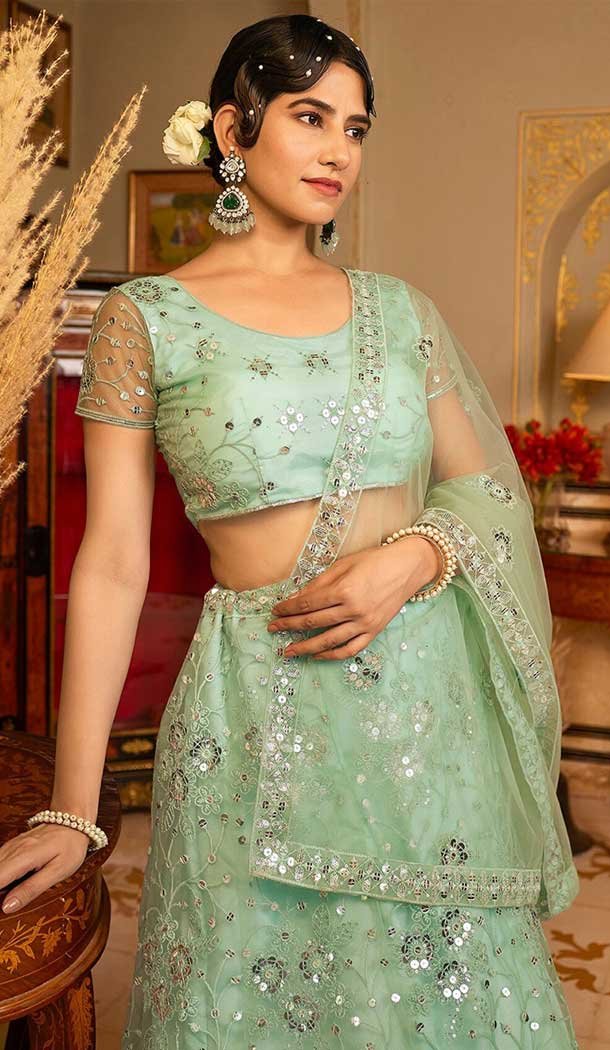 Georgette Embroidery Work Party Wear Lehenga Choli In Pista Green - 9367186878