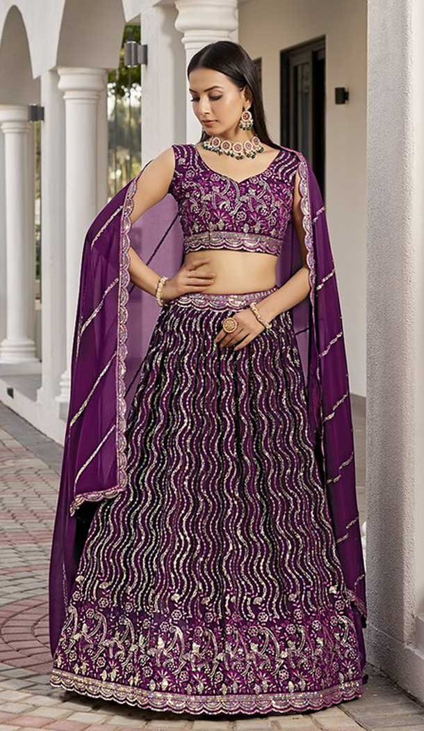 Wine Georgette Embroidery Work Traditional Lehenga Choli - 9368186886