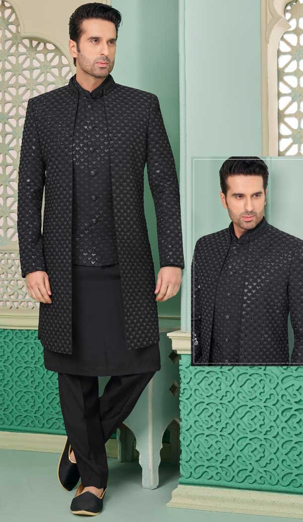 Black Banarasi Silk Embroidered Function Wear Men's Indo Western - 9376186933