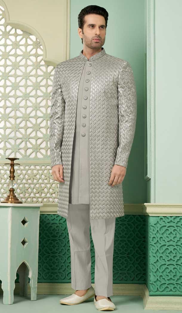 Grey Banarasi Silk Sequins Work Function Wear Men's Indo Western - 9376186943
