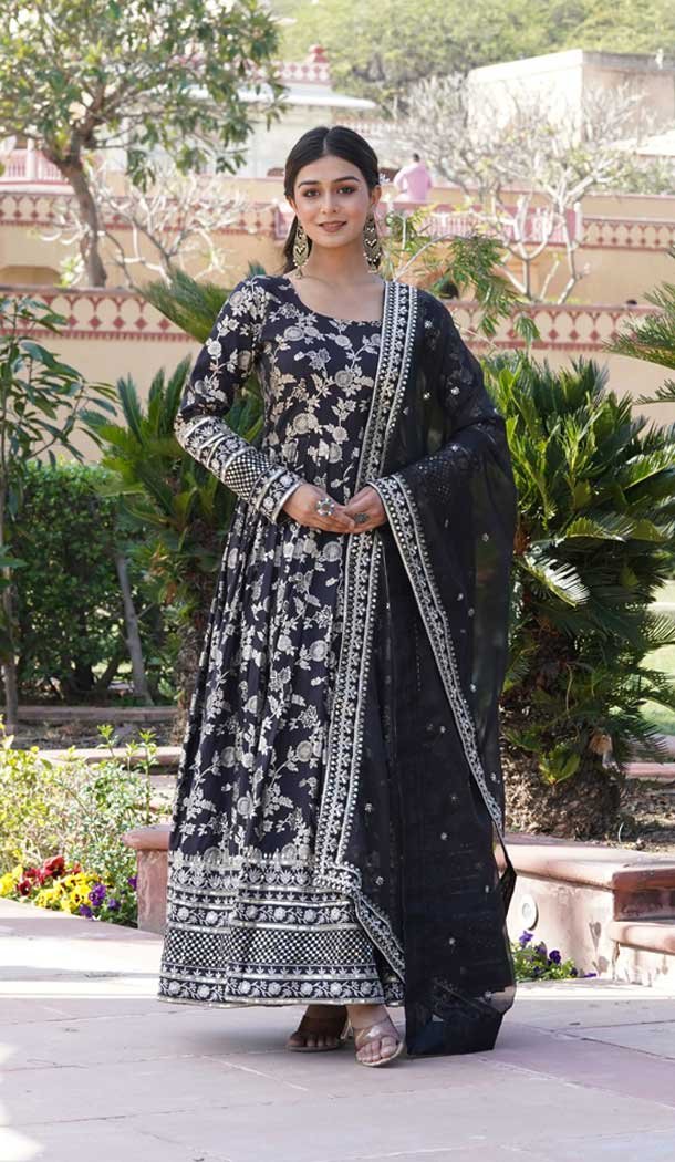 Viscose Embroidery Work Readymade Party Wear Gown In Black - 9382186988
