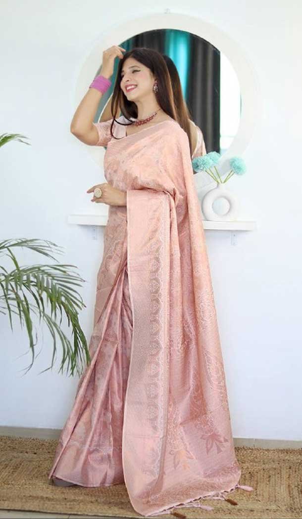 Light Peach Banarasi Silk Jacquard Work Traditional Wear Saree - 9395187045