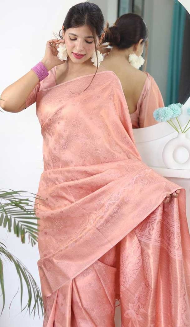 Peach Banarasi Silk Jacquard Work Traditional Wear Saree - 9395187046