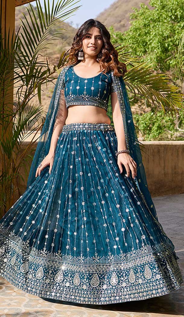 Teal Blue Net Embroidery Work Party Wear Lehenga Choli - 9397187053